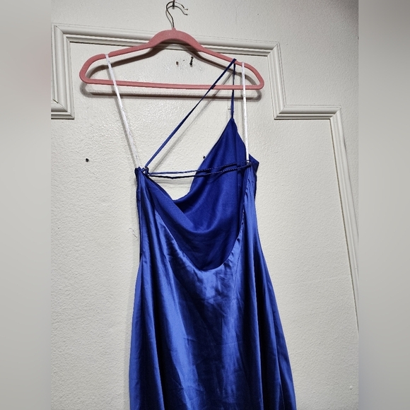 Lulus Flirtatious Evenings Blue Satin Asymmetrical Backless Maxi Dress Party - Picture 9 of 10